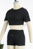 Pink Casual Solid Basic O Neck Short Sleeve Two Pieces
