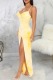 Yellow Sexy Print Patchwork Spaghetti Strap Irregular Dress Dresses