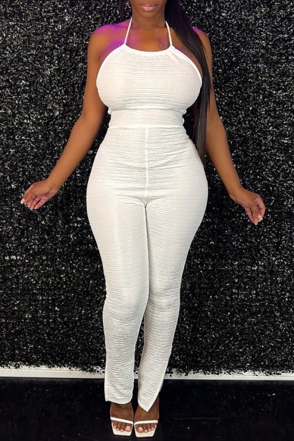 White Casual Solid Bandage Backless Halter Skinny Jumpsuits