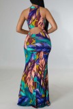 Colour Sexy Casual Print Hollowed Out O Neck Long Dress Dresses