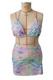 Red Sexy Print Bandage Backless Halter Plus Size Swimsuit Three Piece Set (With Paddings)
