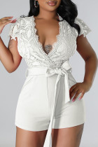 White Sexy Solid Bandage Patchwork V Neck Regular Rompers