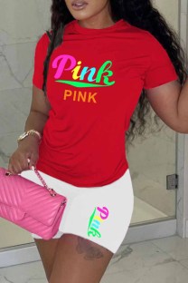 White Casual Print Letter O Neck Short Sleeve Two Pieces