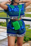Blue Casual Print Tassel Patchwork O Neck Short Sleeve Two Pieces
