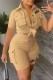 Khaki Casual Print Letter Turndown Collar Short Sleeve Two Pieces