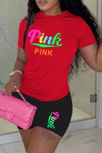 Black Casual Print Letter O Neck Short Sleeve Two Pieces