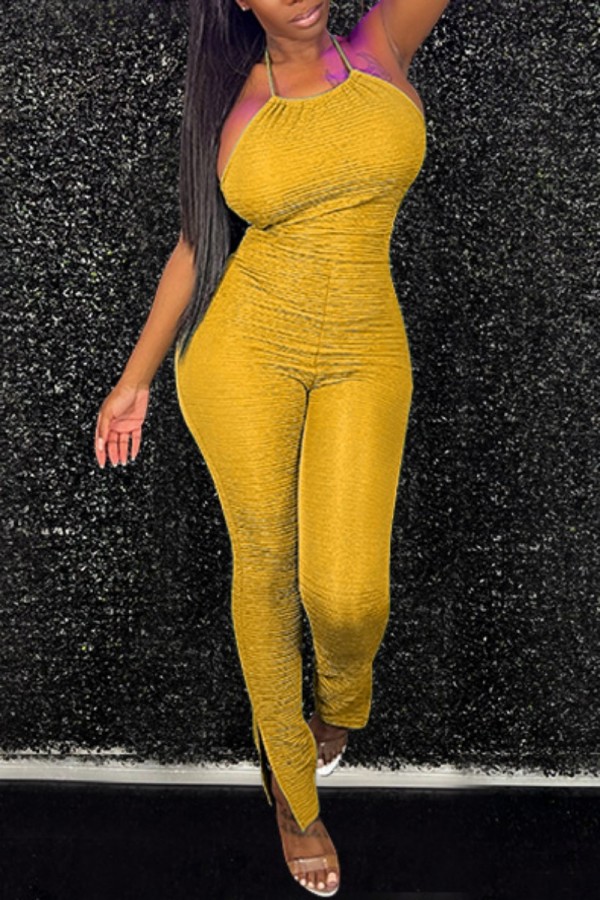 Yellow Casual Solid Bandage Backless Halter Skinny Jumpsuits