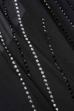Black Sexy Solid Patchwork See-through Slit Hot Drill Spaghetti Strap Sling Dress Dresses
