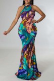 Colour Sexy Casual Print Hollowed Out O Neck Long Dress Dresses