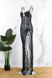 Black Sexy Solid Patchwork See-through Slit Hot Drill Spaghetti Strap Sling Dress Dresses