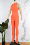 Orange Casual Solid Hollowed Out Patchwork Half A Turtleneck Sleeveless Two Pieces