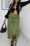 Army Green Casual Solid Draw String Frenulum Regular High Waist Conventional Solid Color Bottoms