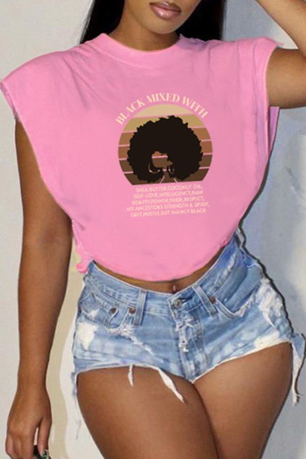 Pink Casual Print Slit O Neck T-Shirts