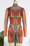 Red Casual Print Patchwork Zipper Collar Long Sleeve Dresses