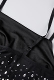 Black Sexy Solid Patchwork See-through Hot Drill Spaghetti Strap Sling Dress Dresses
