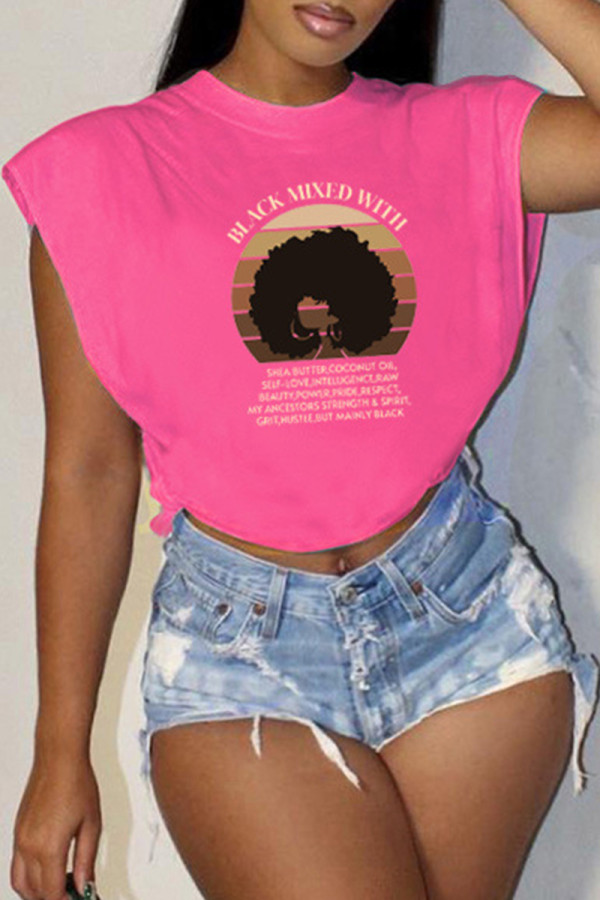 Rose Red Casual Print Slit O Neck T-Shirts