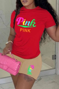 Khaki Casual Print Letter O Neck Short Sleeve Two Pieces