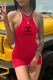 Red Casual Print Letter V Neck Rompers