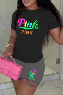 Grey Casual Print Letter O Neck Short Sleeve Two Pieces