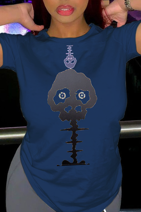 Navy Blue Casual Street Skull Patchwork O Neck T-Shirts