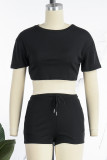 Pink Casual Solid Basic O Neck Short Sleeve Two Pieces
