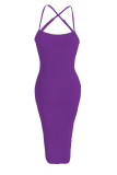 Purple Sexy Solid Patchwork Spaghetti Strap Pencil Skirt Plus Size Dresses