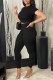 Black Casual Solid Fold O Neck Short Sleeve Two Pieces