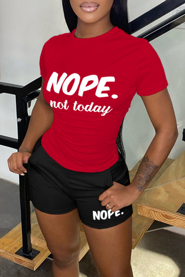 Red Casual Daily Letter Print Basic O Neck Short Sleeve Two Pieces