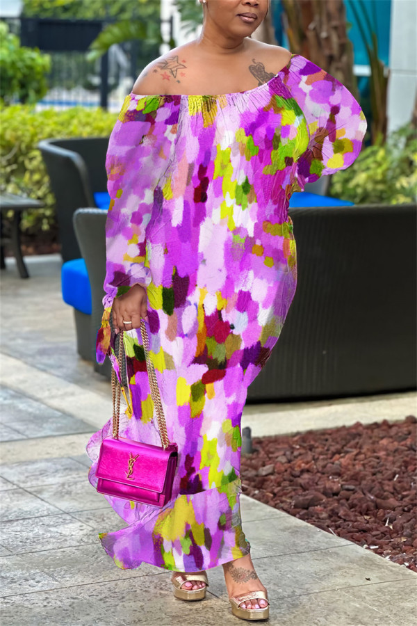 Purple Casual Print Backless Off the Shoulder Long Sleeve Dresses