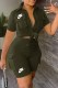 Army Green Casual Print Letter Turndown Collar Short Sleeve Two Pieces