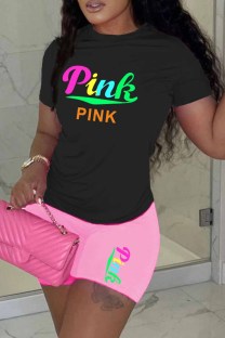 Pink Casual Print Letter O Neck Short Sleeve Two Pieces