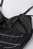 Black Sexy Solid Patchwork See-through Slit Hot Drill Spaghetti Strap Sling Dress Dresses