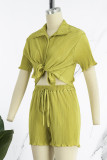 Pink Casual Solid Patchwork Shirt Collar Short Sleeve Two Pieces