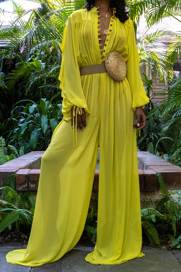 Yellow Sexy Solid Mesh V Neck Loose Jumpsuits