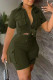 Army Green Casual Print Letter Turndown Collar Short Sleeve Two Pieces