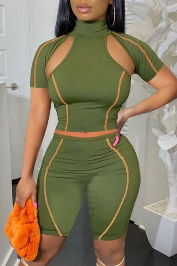 Army Green Sexy Solid Hollowed Out Turtleneck Short Sleeve Two Pieces