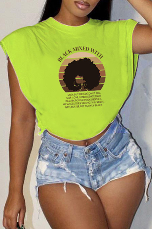 Light Green Casual Print Slit O Neck T-Shirts