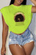 Light Green Casual Print Slit O Neck T-Shirts