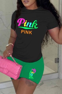 Green Casual Print Letter O Neck Short Sleeve Two Pieces