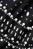 Black Sexy Solid Patchwork See-through Hot Drill Spaghetti Strap Sling Dress Dresses