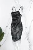 Black Sexy Solid Patchwork See-through Hot Drill Spaghetti Strap Sling Dress Dresses