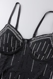 Black Sexy Solid Patchwork See-through Slit Hot Drill Spaghetti Strap Sling Dress Dresses