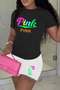 White Casual Print Letter O Neck Short Sleeve Two Pieces