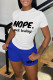 White Blue Casual Daily Letter Print Basic O Neck Short Sleeve Two Pieces