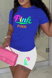 White Casual Print Letter O Neck Short Sleeve Two Pieces