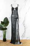 Black Sexy Solid Patchwork See-through Slit Hot Drill Spaghetti Strap Sling Dress Dresses