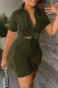 Army Green Casual Print Letter Turndown Collar Short Sleeve Two Pieces