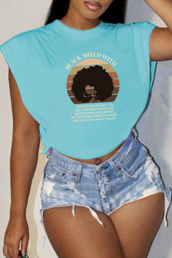 Baby Blue Casual Print Slit O Neck T-Shirts