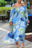 Purple Casual Print Backless Off the Shoulder Long Sleeve Dresses