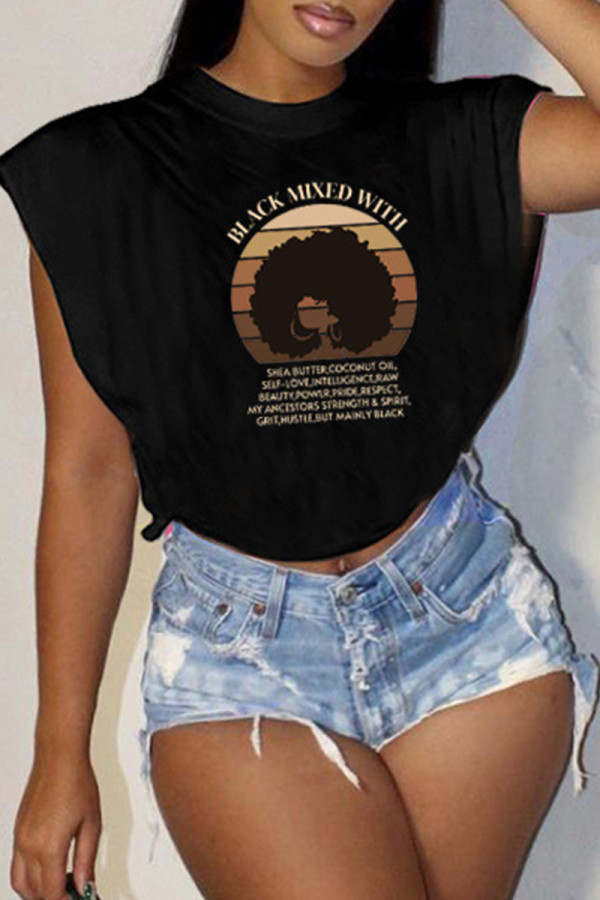 Black Casual Print Slit O Neck T-Shirts